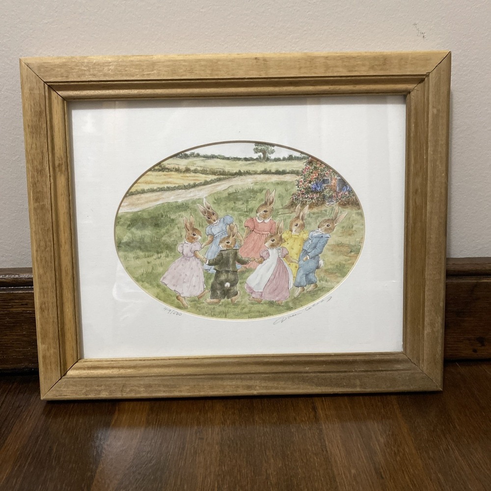 Doreen Coley Watercolor Bunnies Dancing Framed Art Print Signed 419/500 9.5x9.5
